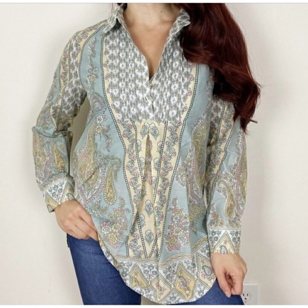 Soft Surroundings Sz M Floral Paisley Print Pintuck Pleated Blouse Popover Top